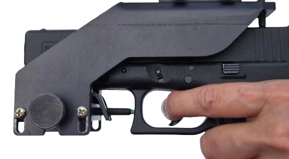 Close-up of the FIREGRIP airsoft foregrip mounting bracket secured to any compatible airsoft pistol