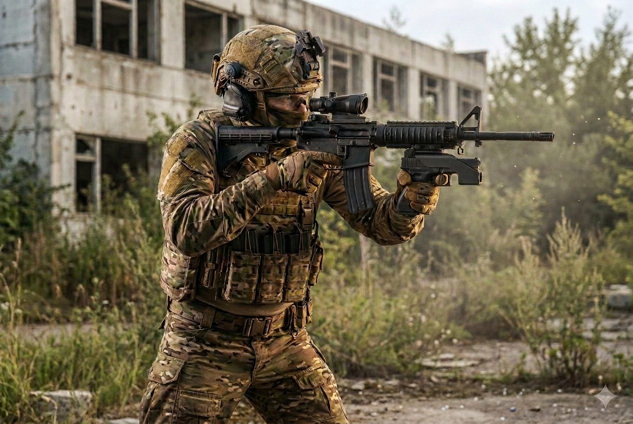 Operator in tactical gear — the inspiration behind the FIREGRIP airsoft foregrip
